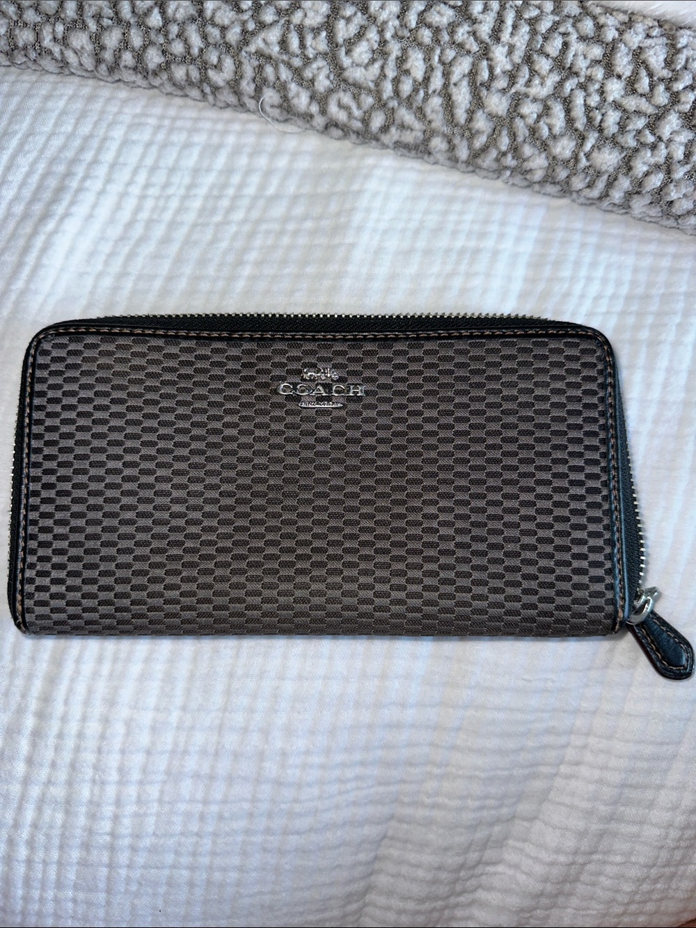 Coach Textured Zip-Around Wallet in Dark Brown and Black